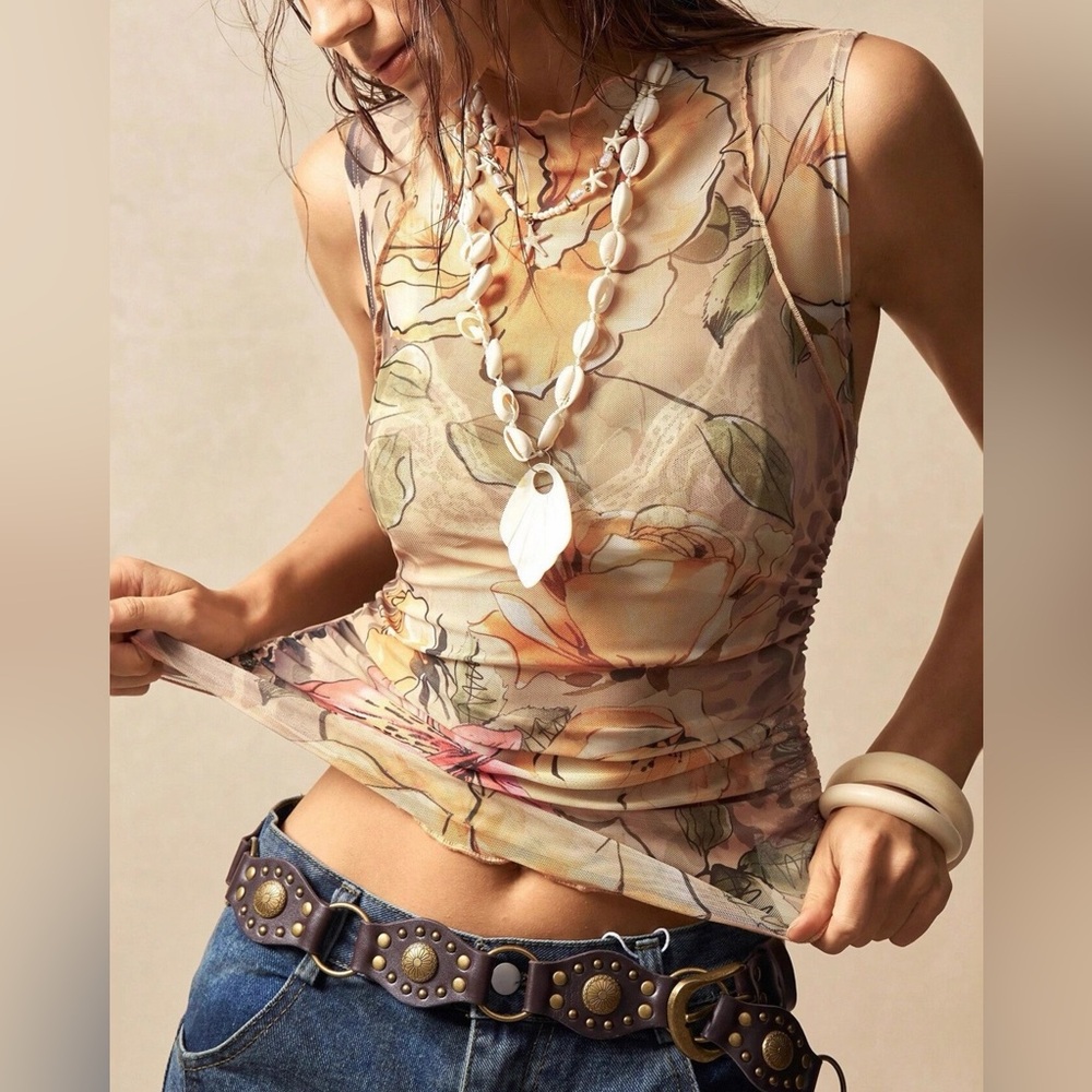 ♥️Hello Gorgeous! Floral Sheer Sleeveless Mesh Mock Neck Tank